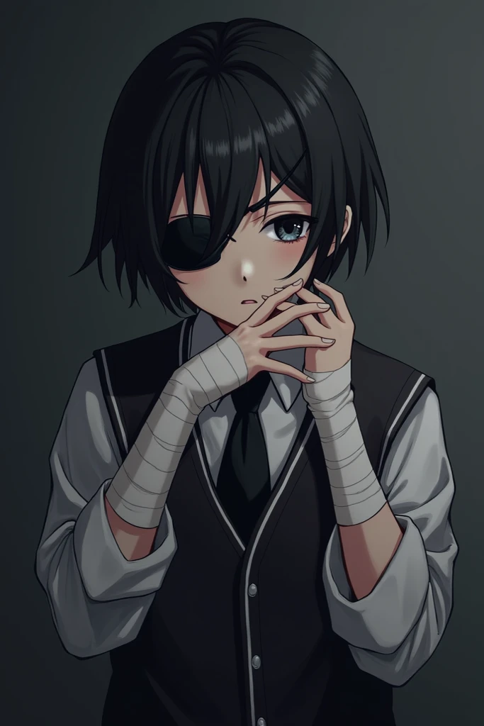 Dark eyes with an eye patch on the right eye, dark eyes and dark eyes, wearing a Japanese-style male student, and bandaged hands with a second-year illness,A dark-haired male student 