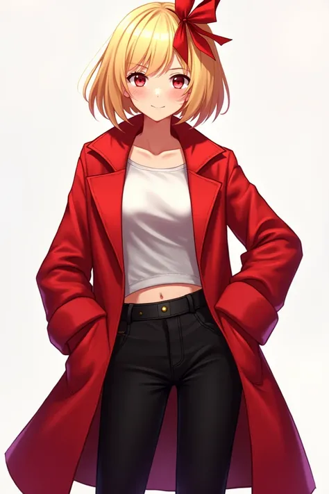  Short haired blonde girl with black pants, red coat and a red ribbon in her hair 