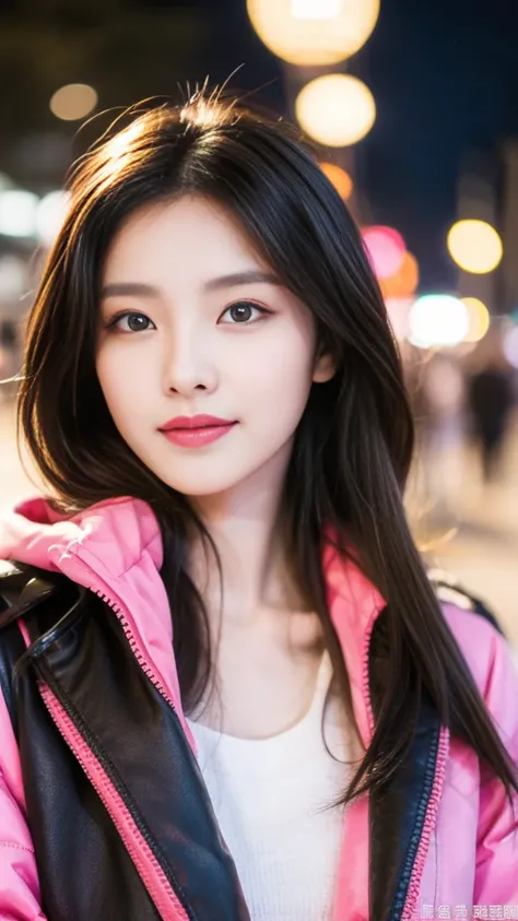 super quality、 ultra high resolution、8k、prety、The most beautiful woman in the world、（ brown long hair:1.5）、Small face、Thin, thin eyebrows 、midnight、street、realistic、（ pink jacket :1.5）、 Sexy Expression 、 sexy pose、
