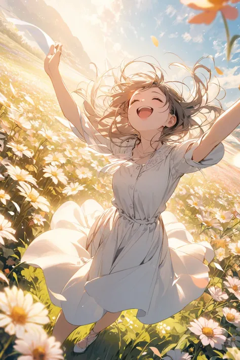 A young girl dancing in a field of flowers, dynamic angle, looking up at the sky with a joyful expression, flowers in the background swaying gently in the breeze