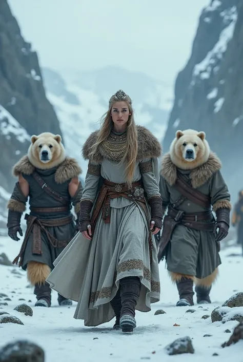 Ancient Viking queen walking forward. At left and right are two men bodyguards with human body but polar bear head 