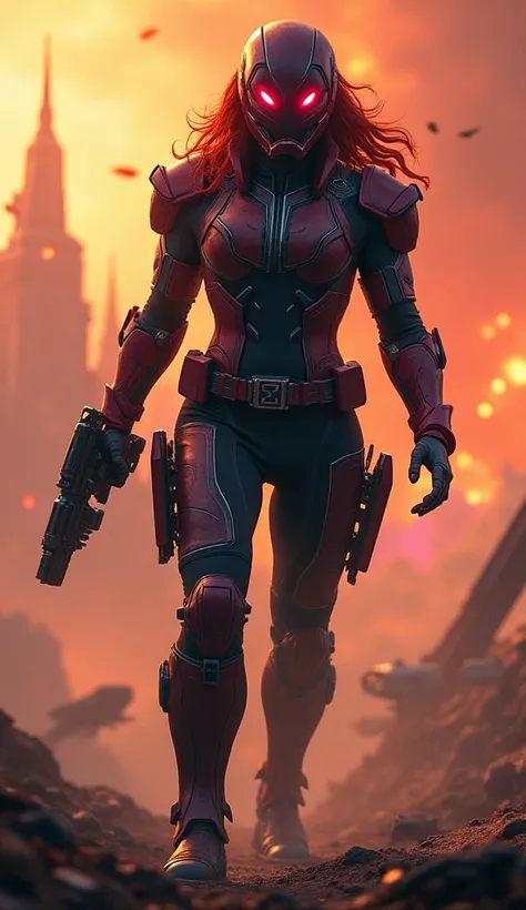 Create a hybrid character that merges Star-Lord and Black Widow into a single, formidable entity. The hybrid should have the lean, agile build of Black Widow, combined with Star-Lords space-faring armor, fused with sleek black tactical elements and glowing...