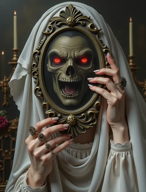  picture of a woman in a white dress , , a white lace cape is draped over his head,  woman holding a mirror in front of her face, mirror covers face , the mirror reflects a beautiful male face with burning eyes like a predator, detailed 3d gothic  oil pain...