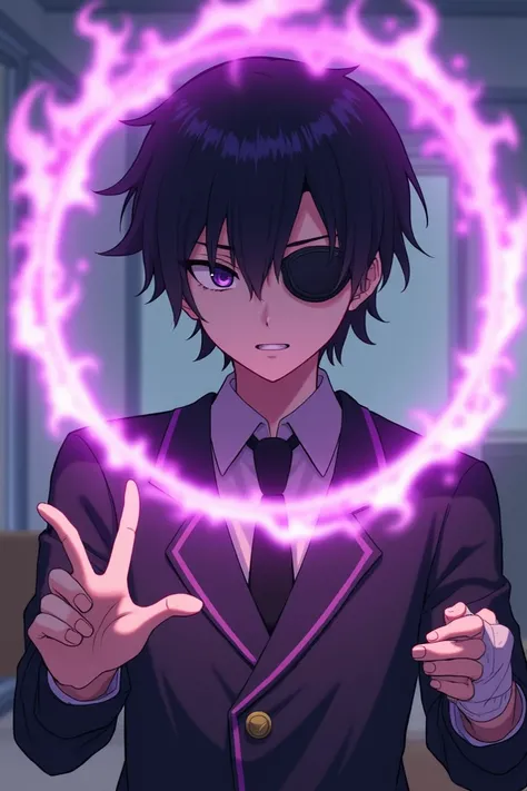  has dark eyes with an eye patch on his right eye, dark eyes, dark eyes, a Japanese-style male student, has purple magic, and wears a bandage on his hand,Black-haired schoolboy purple magic circle