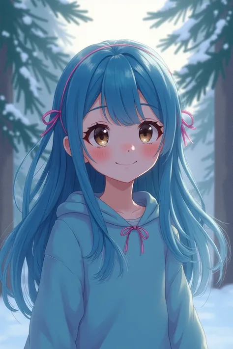  Girl with long blue hair the ribbon , wearing a light blue sweatshirt ,  the scene takes place in a snowy forest and the girls smile directly at the spectator