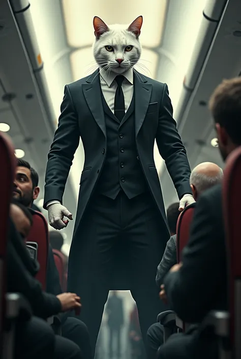 "A chaotic airplane cabin with masked robbers holding weapons, passengers cowering in fear, and a white bodybuilder cat in 3 piece a black suit standing tall, ready to confront the threat."