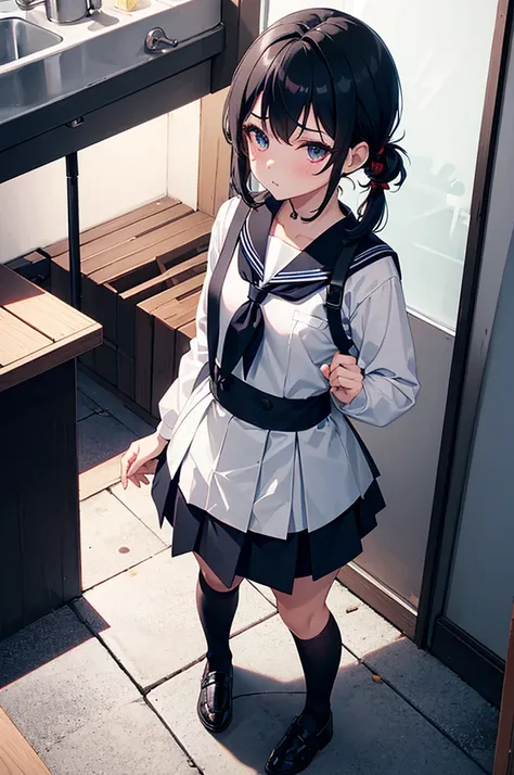 a solo cute boy , sexyboy , traps ,short pigtail hair, blackeye ,eye makeup ,small breast, crossdressing a japan sailor high-school uniform and navy blue short skirt , black stockings , wearing a white sneaker , standing in front of a house at morning time...