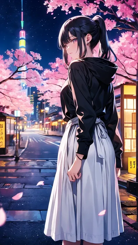 Beauty、Stand leaning to the left、 long hair up to waist 、Pink and black hair、 night view、Japan、 URBAN BEAUTY FAN ART ,  wearing a black hoodie 、 long white skirt 、 anime style, 美しい    digital art ワーク, Style Ross Tran  ,    digital art . @mariomaniacdude,  ...