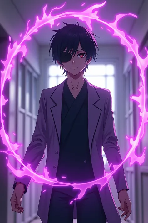  has dark eyes with an eye patch on his right eye, dark eyes, dark eyes, a Japanese-style male student, has purple magic, and wears a bandage on his hand,Black-haired schoolboy purple magic circle