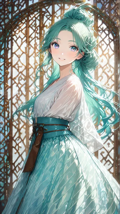 ( A little bit to the original She has an innocent smile :1.5), 「Yumemori 」 shrine maiden and herbalist , bust up, portrait, 
Hairstyle： long hair with waves 、 length that reaches the waist 。
Eyebrows/eyelashes：Thin eyebrows、 shape that adds soft shadows t...