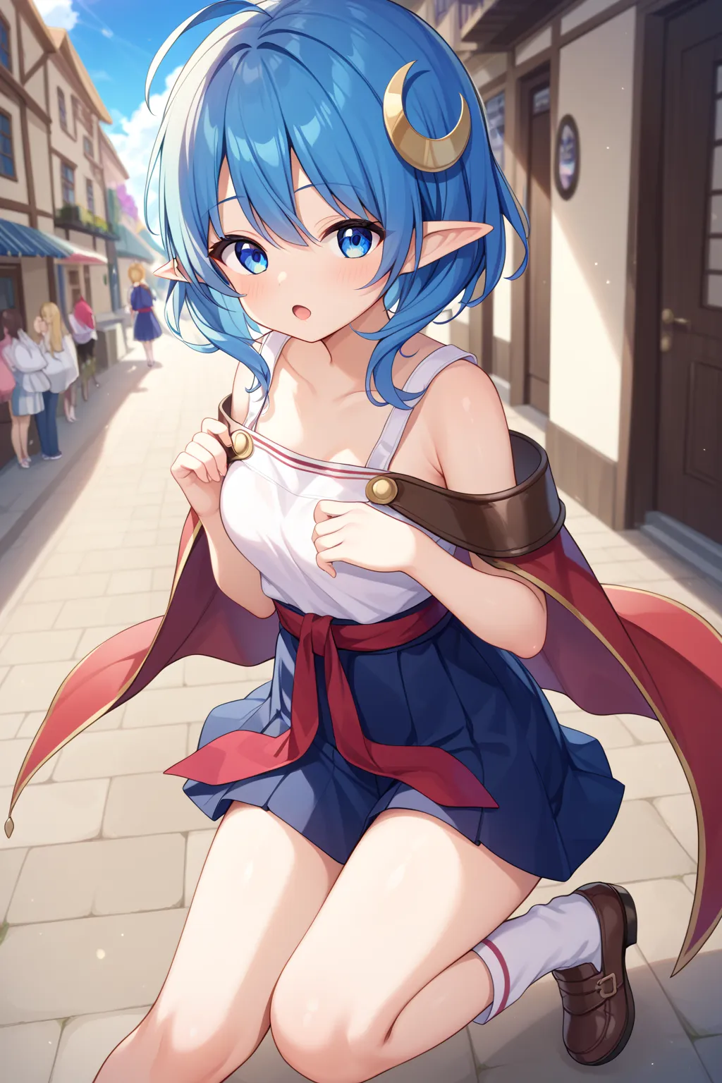 rena lanford, 1girl, ahoge, blue hair, short hair, blue eyes, pointy ears
crescent hair ornament, red cape, leather armor, red ribbon, waist ribbon, blue skirt, miniskirt, shoes、loli、1girl、solo、public indecency、bare breasts、topless