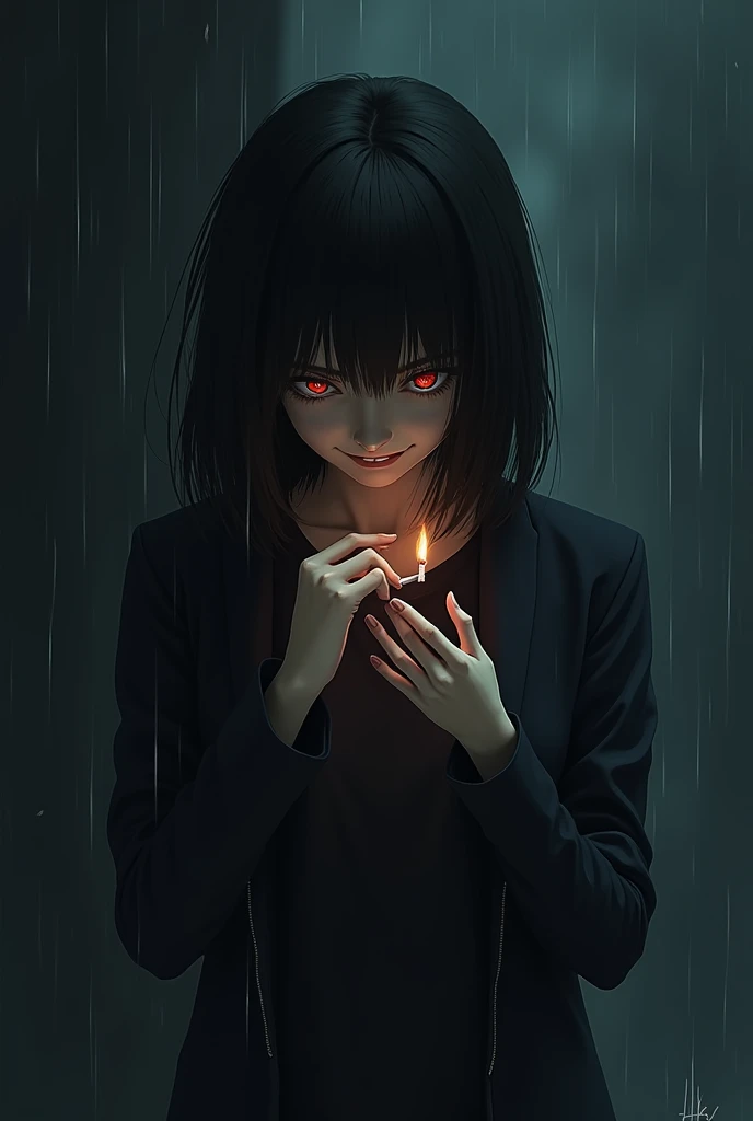 A sad person with a smile on his face and a cigarette in his hands. Background dark and rain 