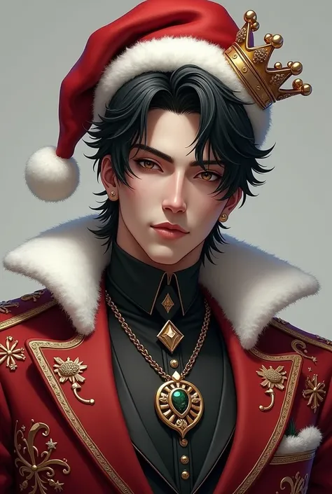 Realistic MAN christmas suit with crown and christmas hat 
 , black hair with a necklace named "PINUNO"
