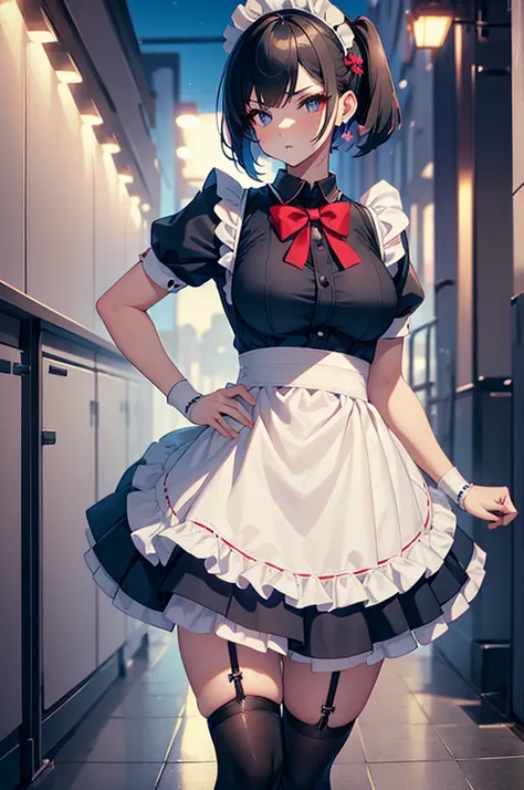 a solo boy , cute boy , sexy boy, trap , short pigtail hair , crossdressing a japan maid dress , wearing a black overknee socks , wearing a white sneaker, sexy big breasts , blackeye , eye makeup , walking in a night city ,at night time , close-up body por...