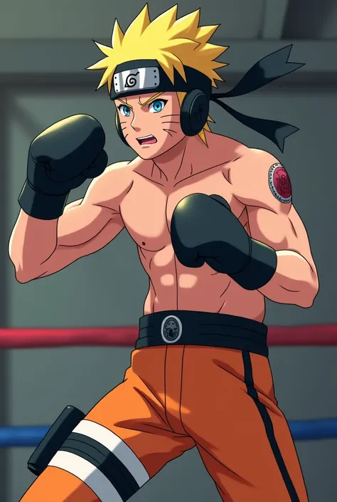 naruto (s )  wearing orange shorts with black line  , black boxing gloves and a black boxing helmet , shirtless  , training in a boxing gym , with the same animation style as the original Naruto show , with higher image quality  