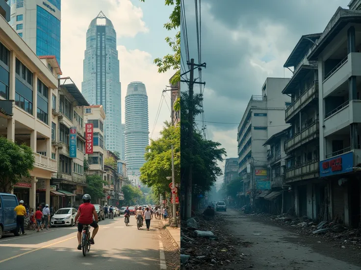 Indonesia is a very rich city and Malaysia is a very poor city. Indonesian cities look brighter and more advanced than Malaysia which is dark, dirty and slum-like.