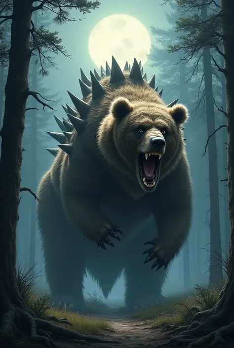 A hybrid with a bear’s body and Stegosaurus plates and spikes, standing menacingly in a moonlit forest clearing.