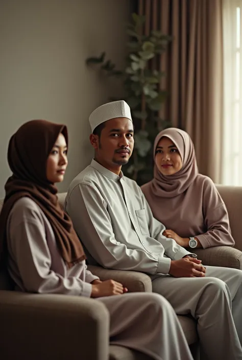 a 38 year old Indonesian muslim man wearing a hat /head covering sits posing next to two 35-year-old Indonesian women.  beautiful young woman ,  hijab, dress, jeans.  top quality, realistic, photo realism, (Intricate Details: 1.2), (fine detail), ( cinemat...