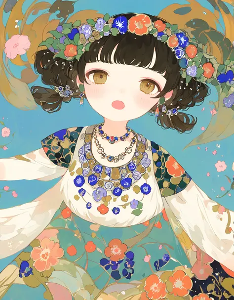 1 girl, large head, little fat, half open mouth, brown eyes, forehead, black curly hair, low twintails hair, floral pattern T-shirts, skirt, jewelries, necklace, headdress, medium tits, evening, dynamic cute action, wave hand, shy, foot, full body, looking...