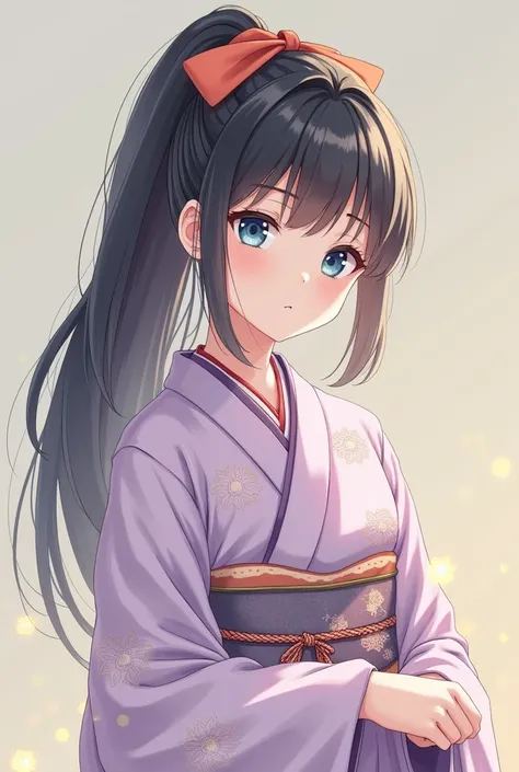  1 girl , 
 light purple kimono
Ponytail、orange ribbon
round face 、cute、
 blue eyes, 
 black hair
