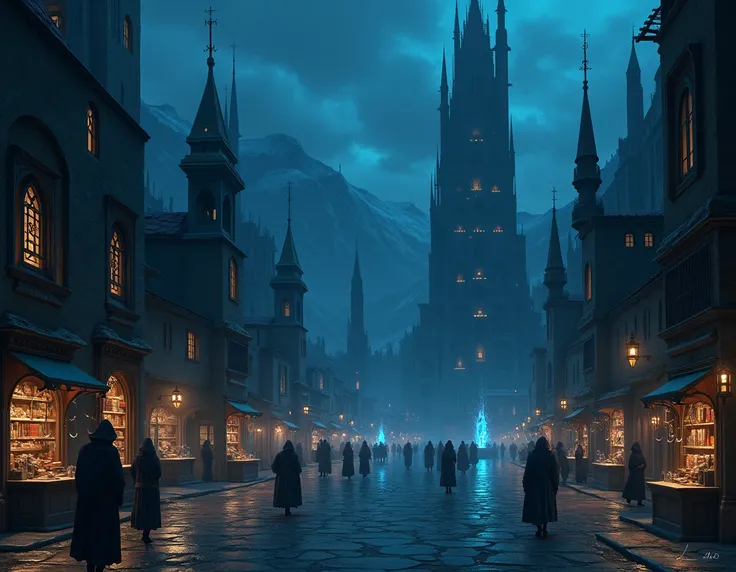  A philosophical district in a dark fantasy universe ,  dominated by tall, slender towers made of black stone ,  with blue lights shining on the tops .  Alchemists and scholars debate in squares surrounded by columns and illuminated fountains.  The streets...