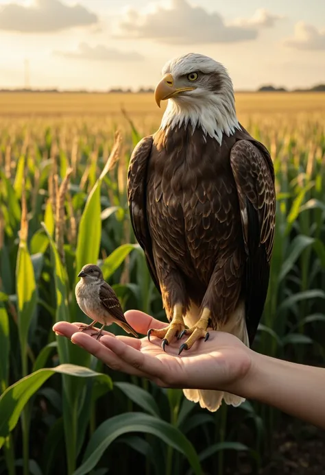 A surreal image of a majestic and fierce eagle, significantly larger than a tiny sparrow, perched together on a human finger. The eagle appears powerful, with sharp talons and an intense gaze, while the sparrow looks delicate and calm, highlighting their s...