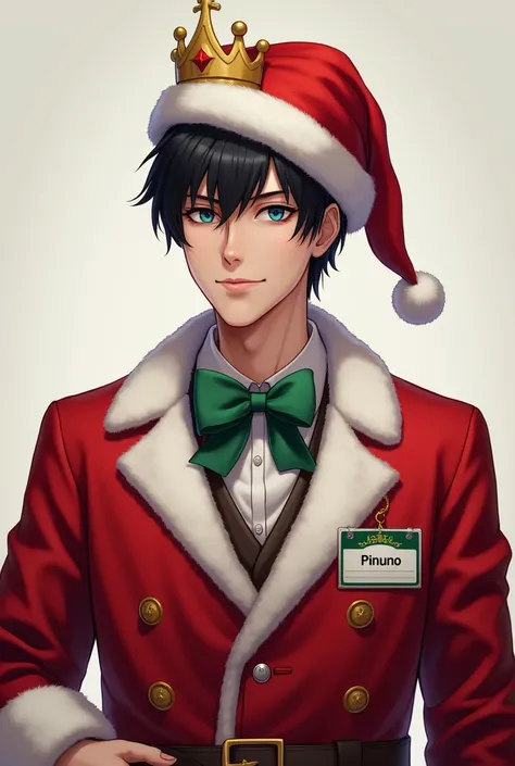 Realistic MAN christmas suit with crown and christmas hat 
 , black hair , must have a Nametag named "PINUNO"
