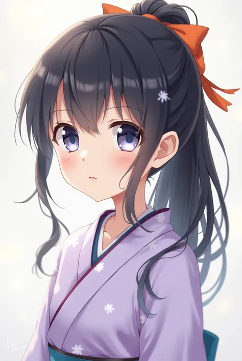  1 girl , 
 light purple kimono
Ponytail、orange ribbon
round face 、cute、
 blue eyes, 
black hair
real
