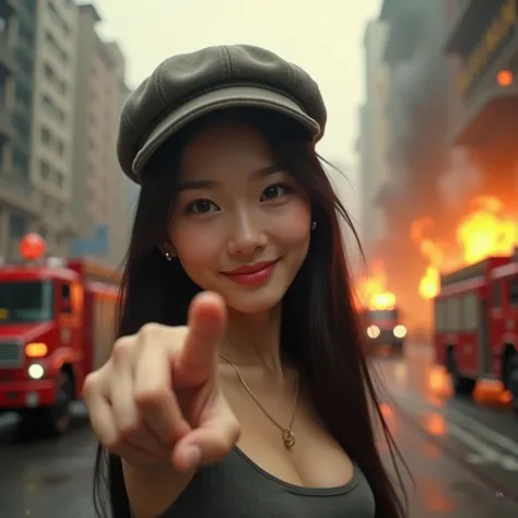 (8k, best quality, masterpiece, ultra highres:1.2), narrow angle shot, in the background there are tall buildings on fire, there are fire trucks, the sky is hazy with smoke,

A very cute Chinese girl looks at the viewer, smiles with dimples at the corners ...