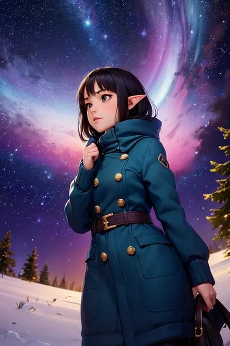 ( best quality, super detailed, there is nothing,  Masterpiece :1.2)，  very young girl  ，   short ，  Thin Thighs ，  fisheye lens ，baby face，Elf Ears，is short，Hilly night sky，winter，winter colors, winter landscape,   starry sky ， Aurora :1.3，Sky color Pruss...