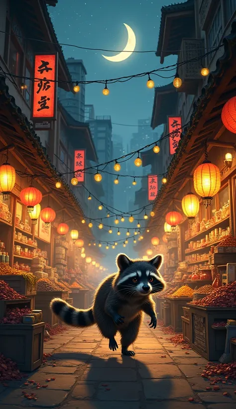 A raccoon cb running through a densely populated city, a city market with oriental spices and highly detailed shops and goods on makeshift shelves reflect the light of night lanterns, the moon shines brightly crescent in the night sky