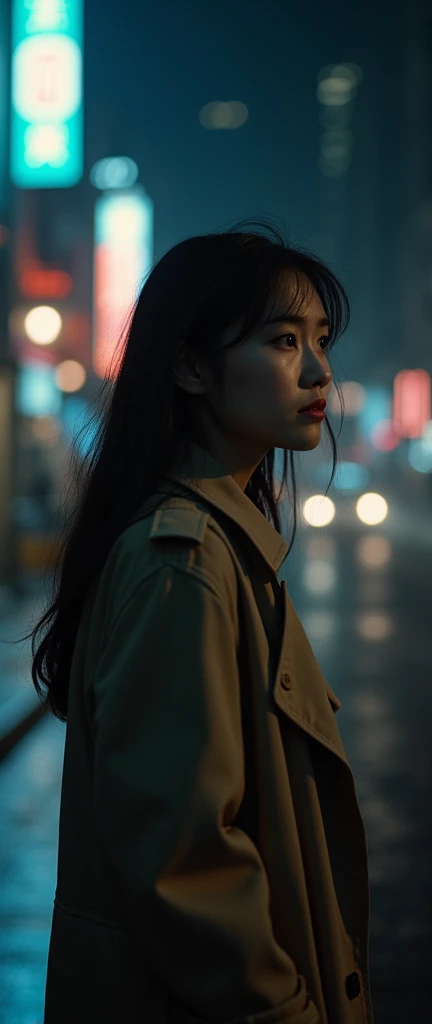  A beautiful Chinese woman on the street at night，Wearing a trench coat，Sad parting， full of sadness ， Ultra HD， perfect detail，Real picture，Ultimate image quality， perfect character structure ， ultra-wide-angle lens ， Activity Tracker，Highest precision， 8...