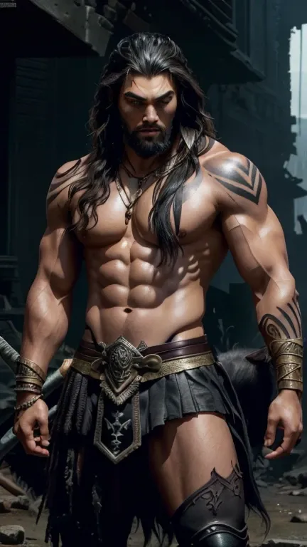 🤔  athletic warrior with a huge black wolf by his side, trending cgsociety , fantasy art,  Jason Momoa as Conan ,  incredibly sharp details , hood on head,  naked tattooed torso ,  Mark Brooks in detail , cgsociety,  scarred black wolf ,  background from t...