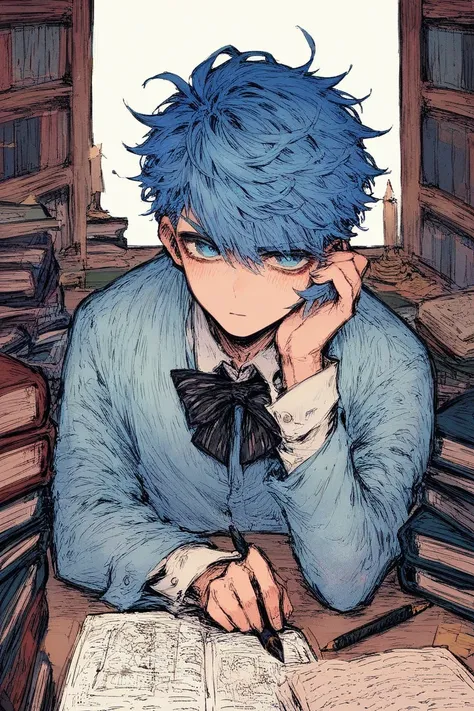 Black souls style, 1boy, short sleek blue hair, wearing formal writer’s clothing, always holding a pen, very intelligent and serious, with piercing blue eyes, in a luxurious library or study setting, surrounded by books and a grand desk