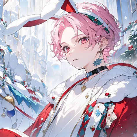 Boy is gamer々）,cute sexy,  snow shaped choker, (masterpiece, highest quality), official art, beautiful and aesthetic: 1.2), (1 boy), very detailed, (blue Christmas art: 1.3), white blue colorful, pink hair red eyes ,  cool face,  sitting, half body, Christ...