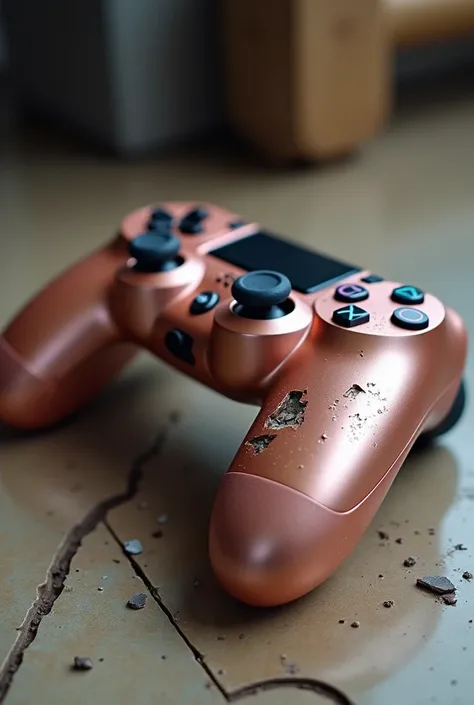 Une photo dune manette ps4 (non officielle) Rose gold slightly broken with a hammer in a real way 