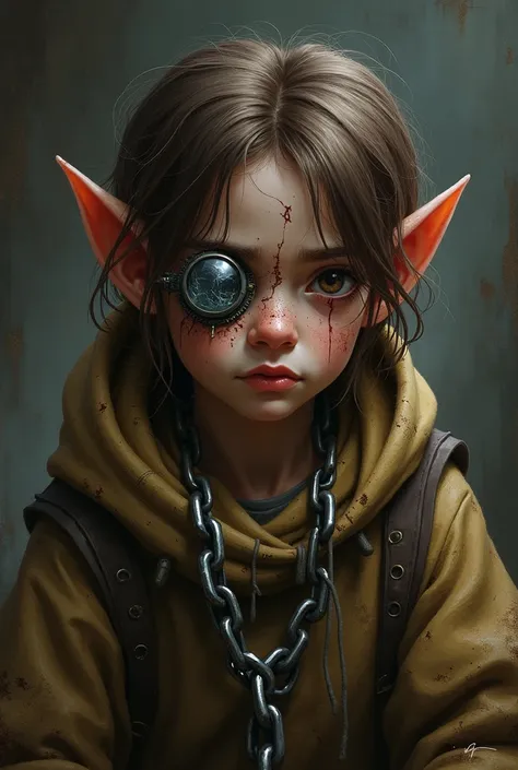 Portrait, Digital Art, medieval fantasy, rpg,  A wounded and chained halfling, wearing a broken eyeglass ,  brown hair