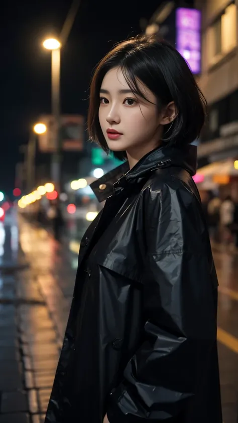 (Best quality, Complex details: 1.2,Realistic:1.2) ,A girl(24 years old),[Liu Yifei:0.9],(black raincoat),short hair, ,stand ,,street, raining,City lighting,