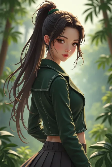 Sango Girl with long dark brown ponytail wearing a jacket and skirt 