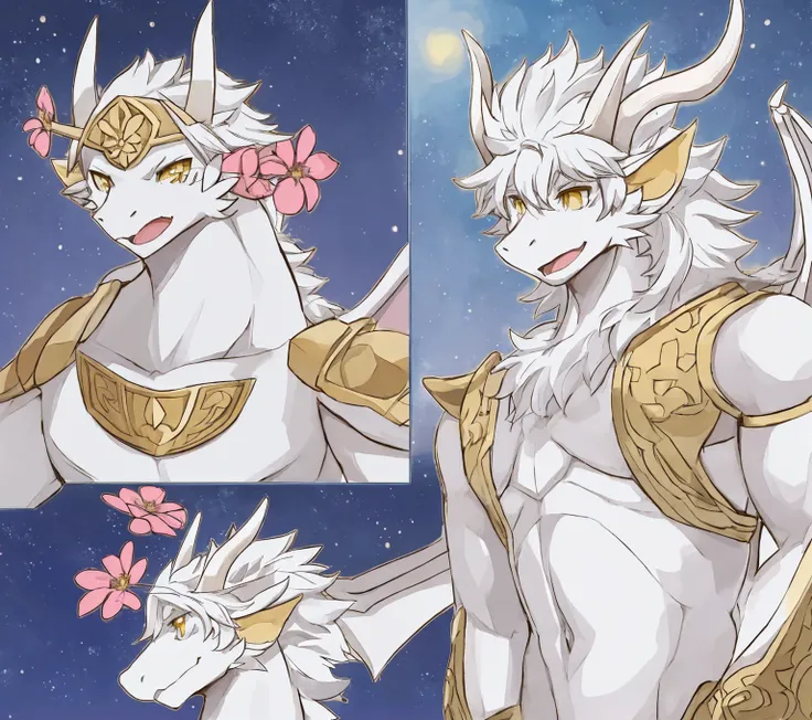 A white anthropomorphic dragon tending to his flower garden under the stary nightSolo, Open Mouth, Simple background, Yellow Eyes, Horns, Multiple Views, Anime Style, Anatomically Correct, 