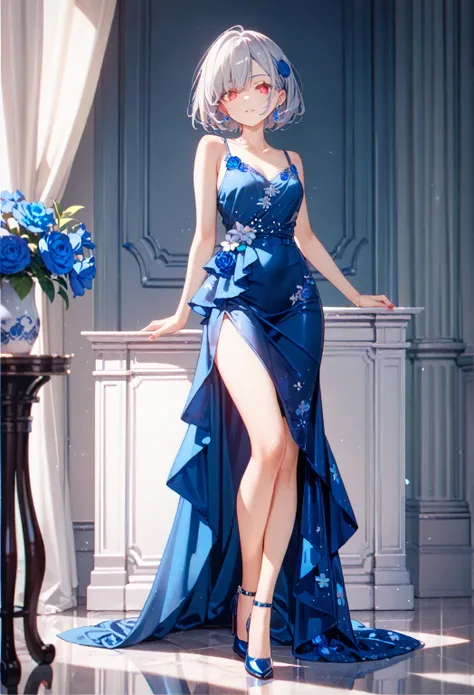 cinematic lighting,1girl, Alone,silver hair, red glowing eyes, short hair,  sharp facial features, porcelain skin, flower Motif blue Camisole Dress,high heels,blue flower,Luxurious dress,Gorgeous flowers Embroidery dress,marble