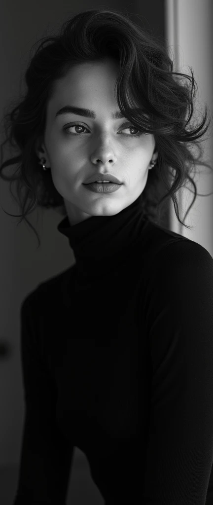  This black and white phone wallpaper is full of restrained charm 。In the picture， The woman in a black turtleneck sweater has an elegant figure ，Her curly hair is neat and tidy 。 Her shy nose and face support is extremely charming ，, her eyes are slightly...