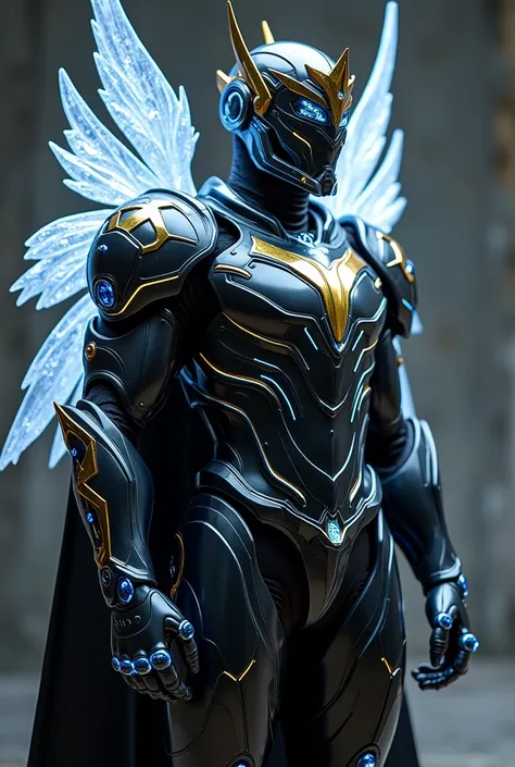 A sleek, black-and-silver armor with golden accents representing supreme authority. The armor features glowing blue circuits running across its surface, symbolizing the integration of advanced Realizer technology. The wings are crystalline and radiant, cap...