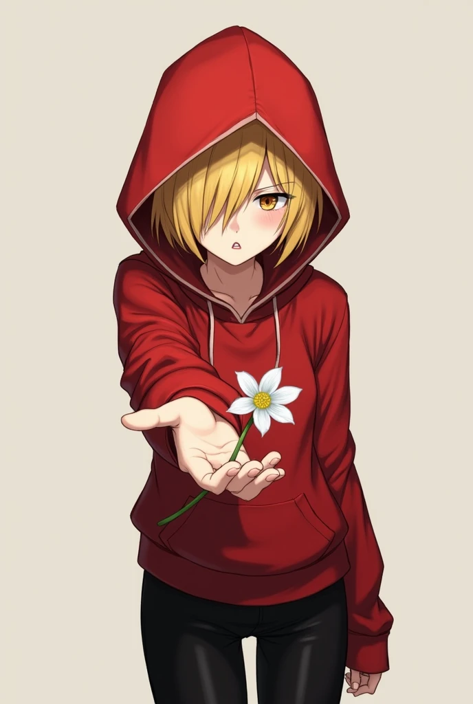  Short haired blonde girl (Hair covering one eye ) black pants and a very red and nervous red hood give the spectator a white flower 