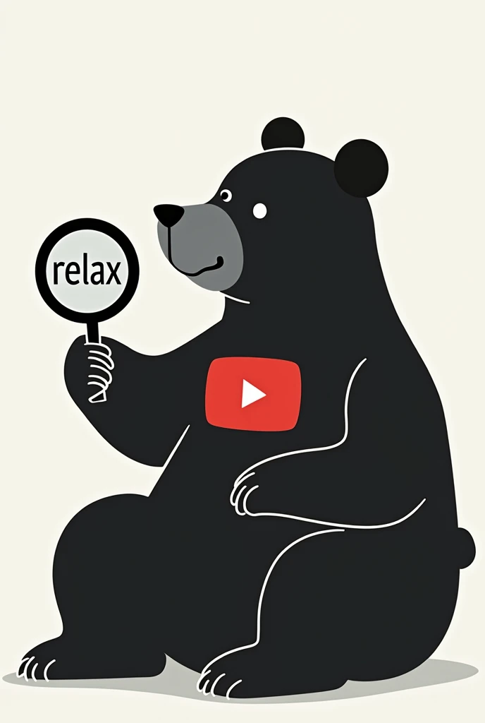 YouTube logo with the name  "relax"  with the minimalist image of a bear with a magnifying glass, with dark and white colors