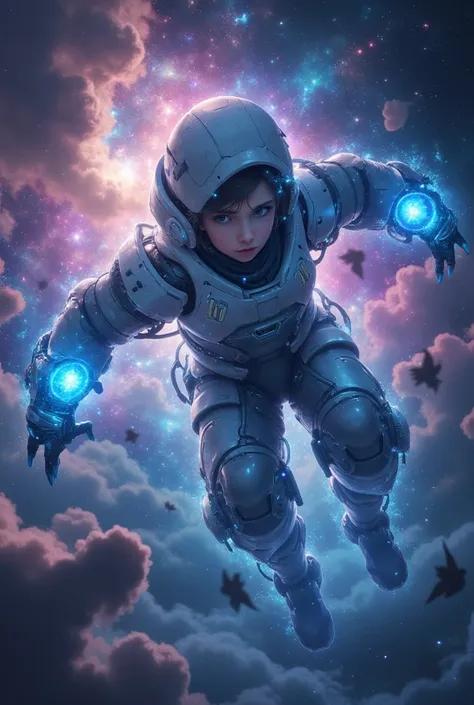 a girl wearing bird exoskeleton suit and bird helmet, flying in the galactic sky along side with a lot of bird, bird silhouette,  galaxy, holographic, fantasy, sci-fi, cinematic angle, dramatic effect, dramatic lighting, pov