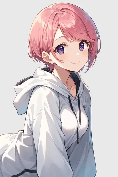 score_9, score_8_up, score_7_up, source_anime, 1girl, pink hair, very short hair, straight hair, swept bangs, purple eyes, tareme eyes, smile, medium breasts, simple background, high res image, masterpiece, best quality, ultra cute face, clear skin, shiny ...