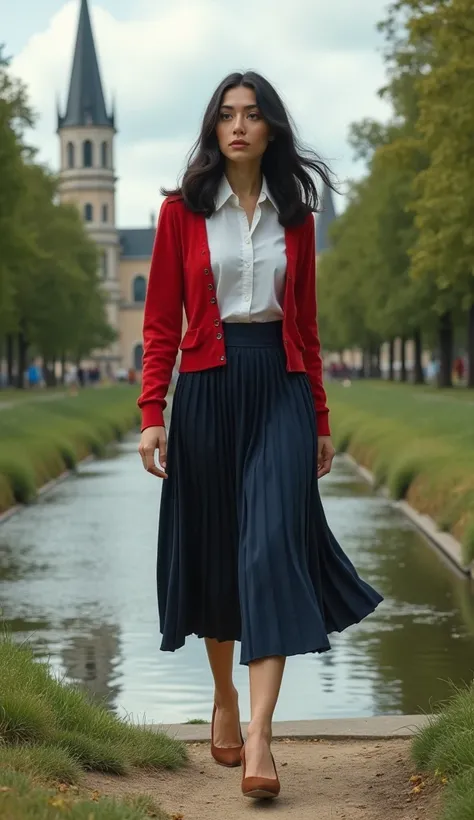   side view,  walking water of Park, French White Girl,　French actress name is  Audrey Tautou , cinema  of actress of The Da Vinci Code ,lost symbol is Temple knights  holy grail, 24-age (black hair, white shirt, red cardigan, dark blue gather middle skirt...