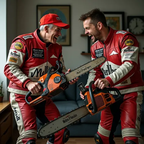  Father and grown son have pressed large chainsaws close to them and are getting excited and enjoying themselves in the apartment wearing a red and white Marlboro leather racing jacket with patches and Marlboro leather racing pants with patches, with power...