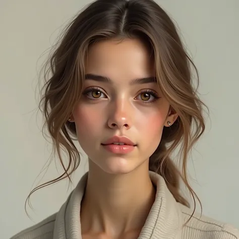 An 18 year old woman with a small head, beige skin, light brown hair, amber eyes and a firm cheek on her face. She is a Saudi woman without a hijab